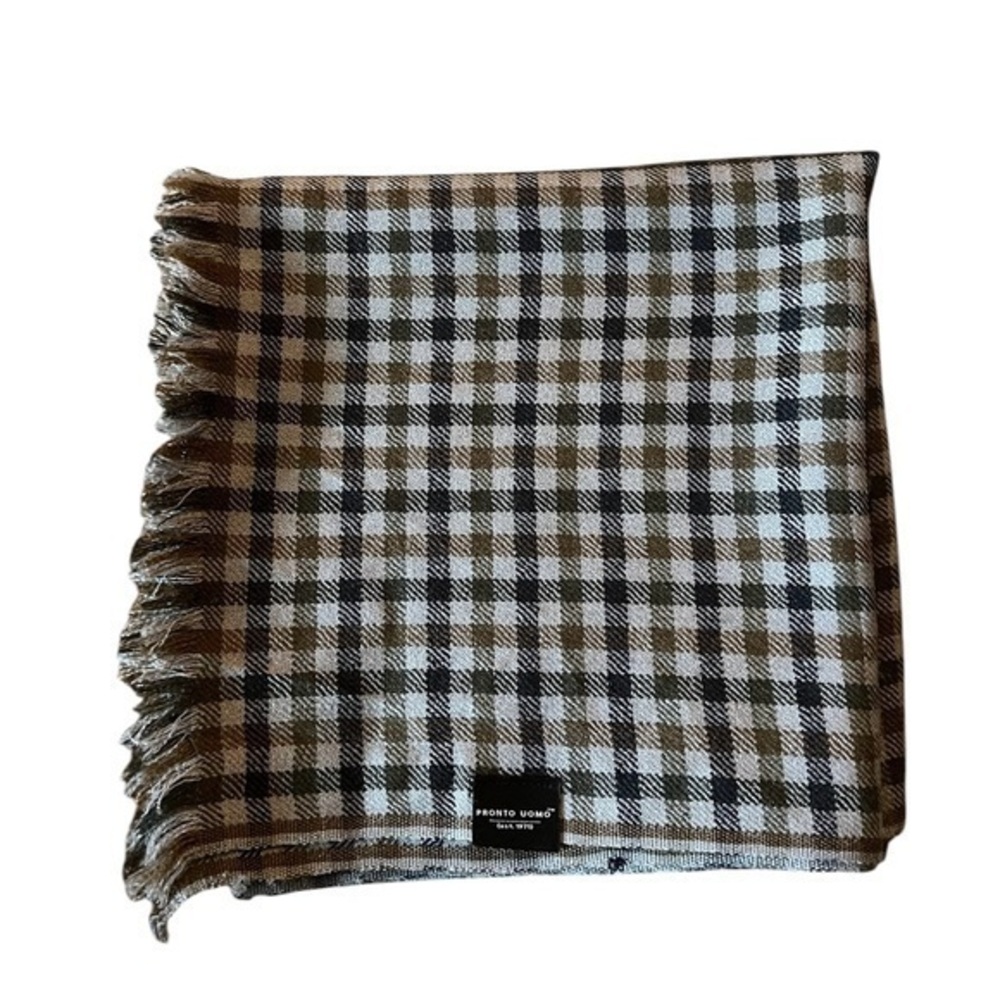 Pronto Uomo Fine 100% Wool Thin Plaid Check Scarf, Gray Brown & Blue